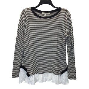 Coquette Feminine Top XL Stripe Pullover Black White Ruffle Hem Long Sleeve